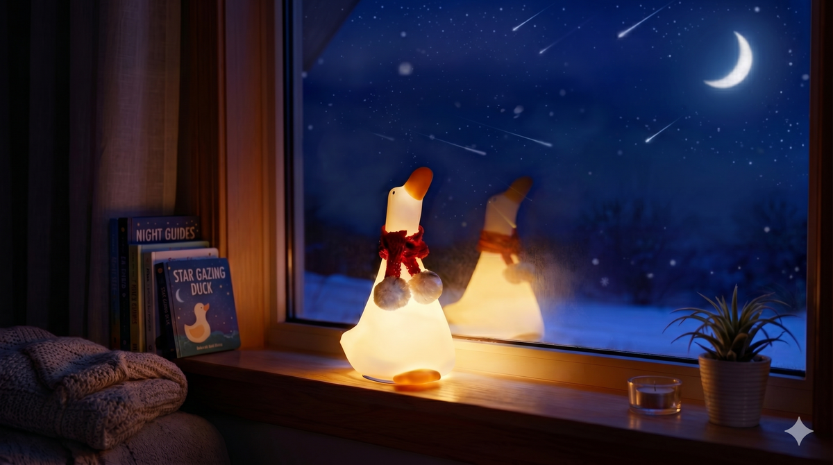 Soft duck night light beside a window