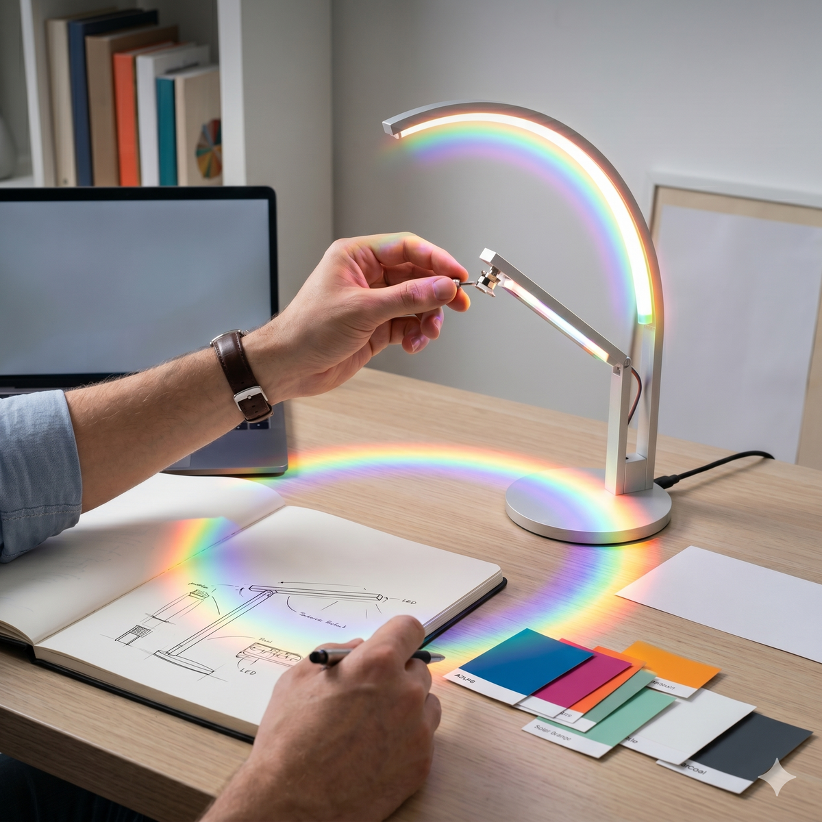 Rainbow desk lamp creating a colorful glow