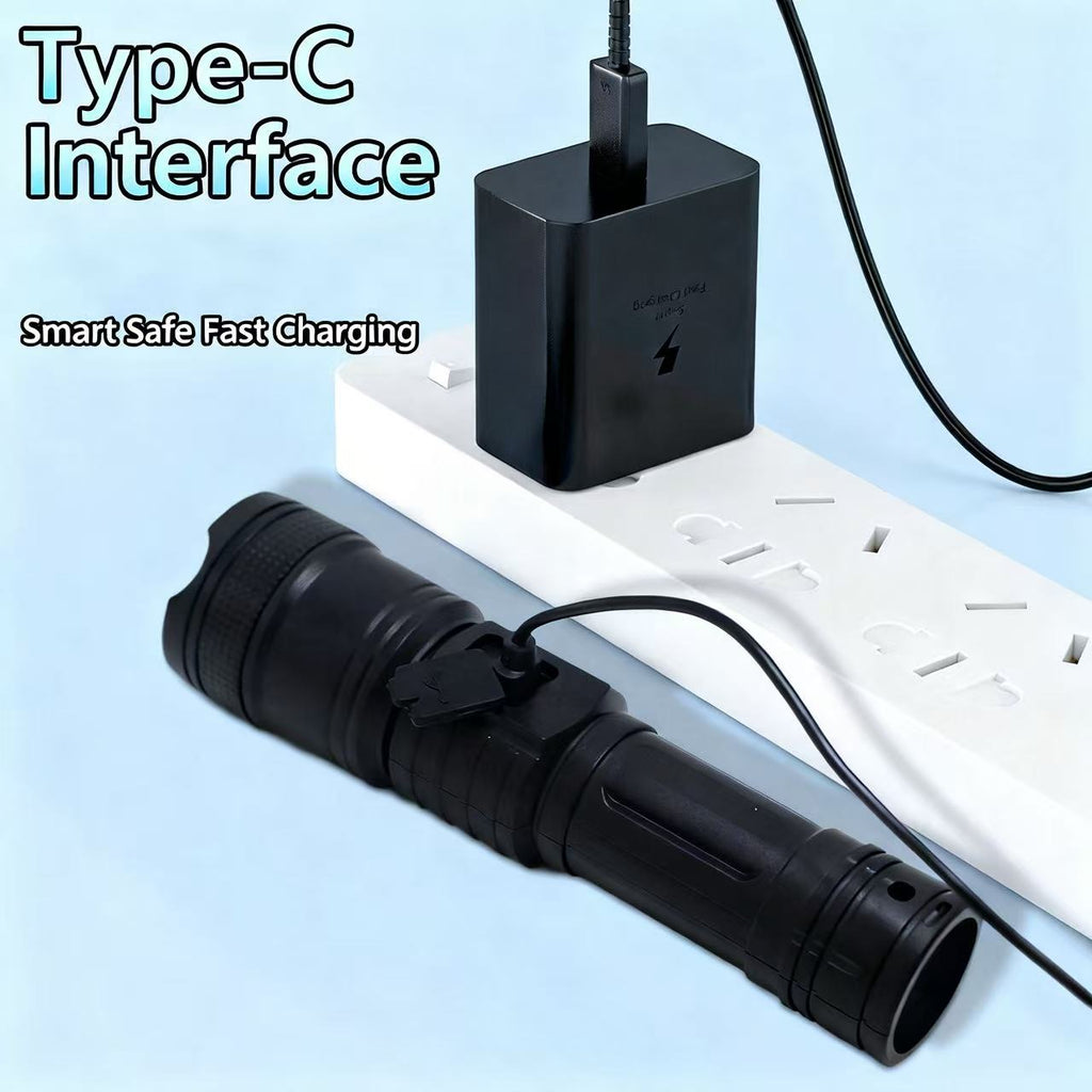 LED high-power flashlight with telescopic zoom and 3-level adjustment, convenient mini rechargeable model, made of ABS material.