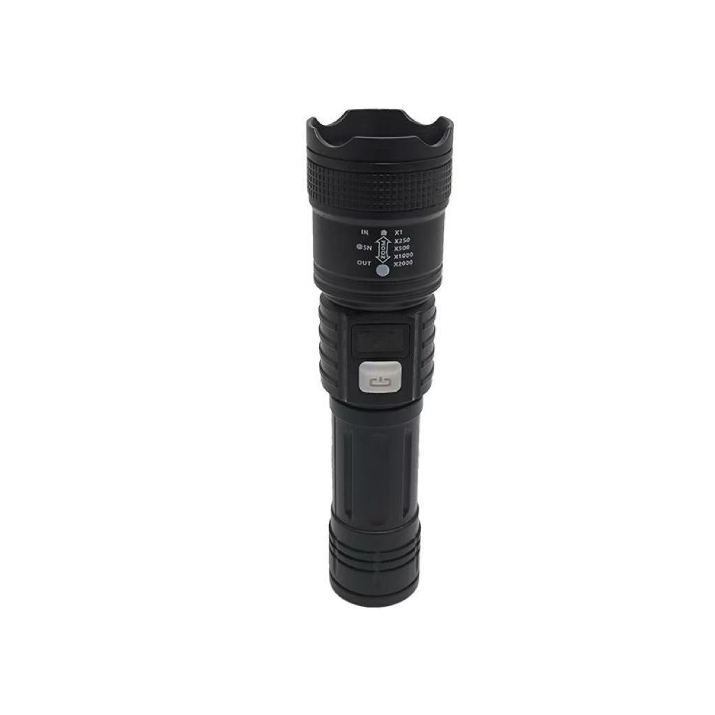 LED high-power flashlight with telescopic zoom and 3-level adjustment, convenient mini rechargeable model, made of ABS material.
