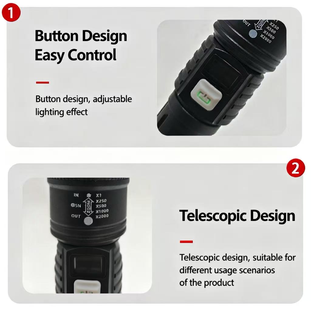 LED high-power flashlight with telescopic zoom and 3-level adjustment, convenient mini rechargeable model, made of ABS material.