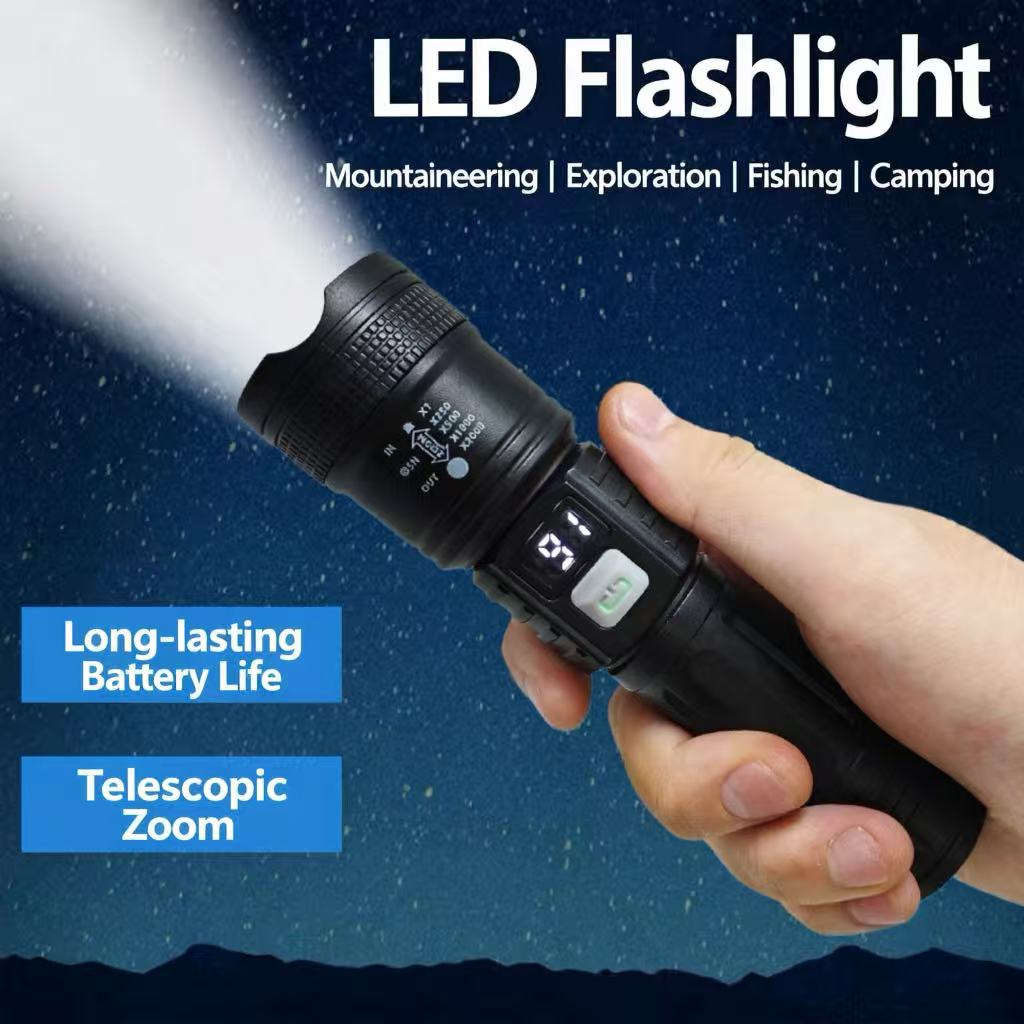 LED high-power flashlight with telescopic zoom and 3-level adjustment, convenient mini rechargeable model, made of ABS material.
