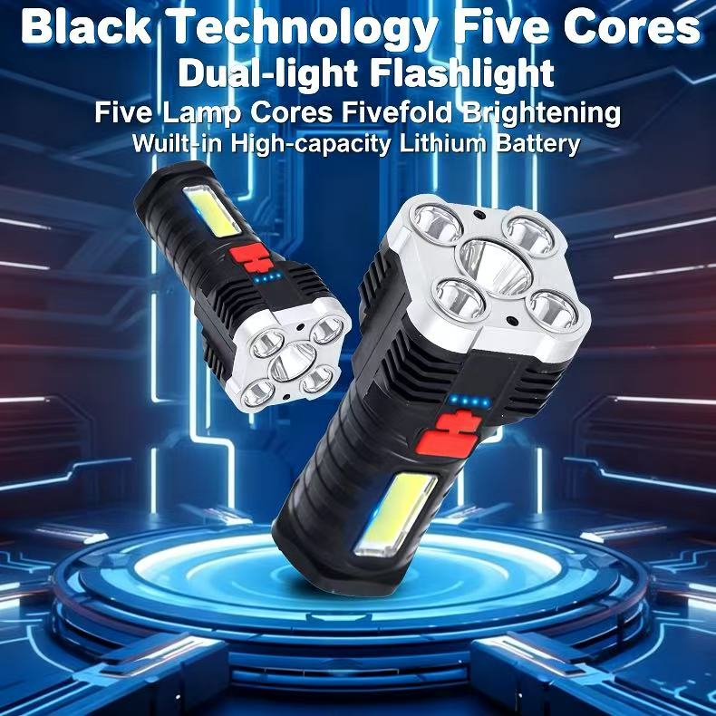 Five-core multi-functional high-intensity flashlight for outdoor, home, and work use; USB rechargeable; strobe; outdoor patrol.