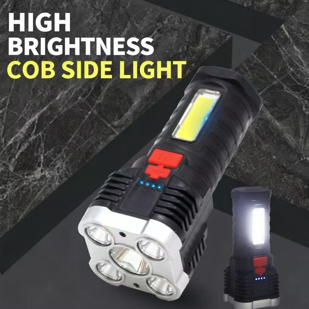 Five-core multi-functional high-intensity flashlight for outdoor, home, and work use; USB rechargeable; strobe; outdoor patrol.