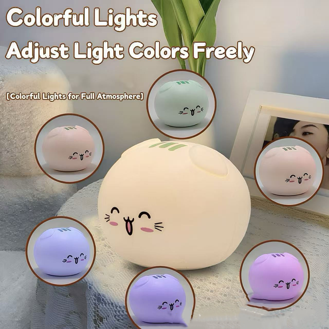 Magic Cat Silicone Seven-Color Patting Lamp, Rechargeable and Plug-in Dual-Use Night Light for Children's Bedroom Bedside Ambient Light