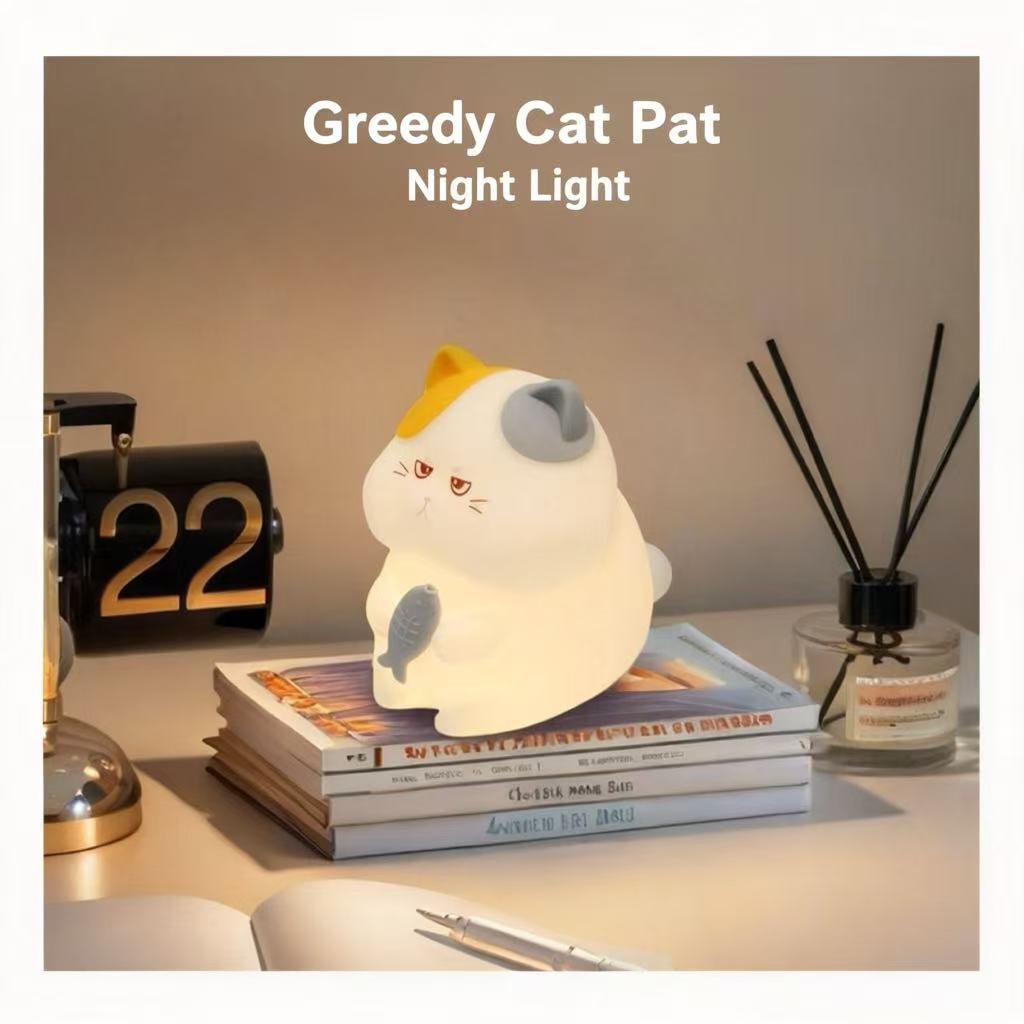 Greedy Cat Night Light on books and bedside table
