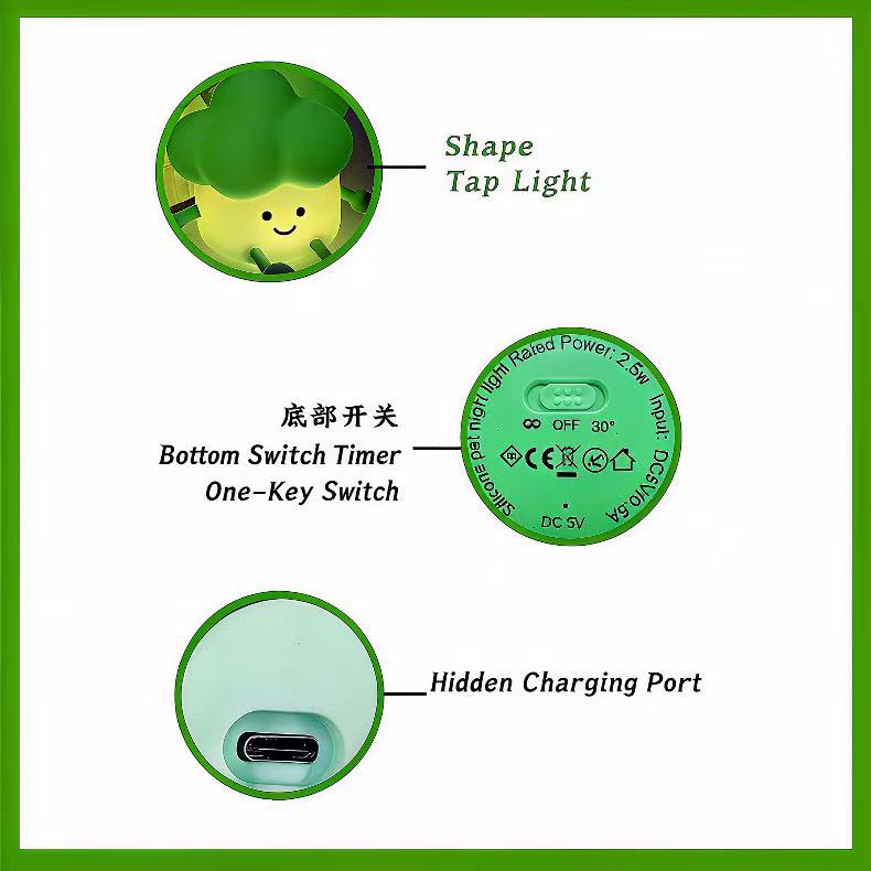 Fruit night light product details showing switch timer and hidden charging port