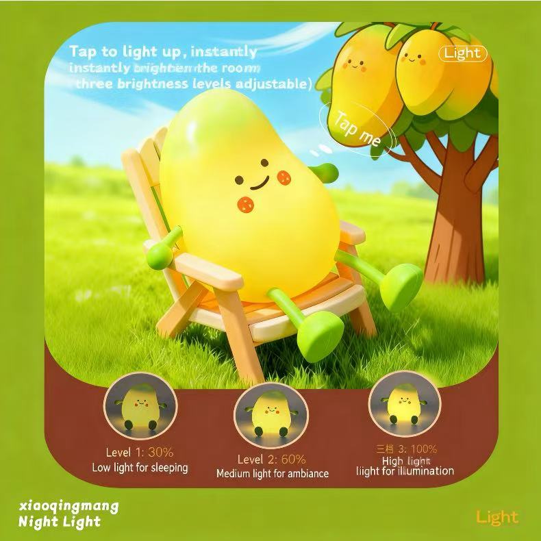 Cute Green Mango Night Light for Bedroom, Sleep Awakening, Timer, Bedside Mood, Soft Light, Eye-Friendly Desk Lamp for Children