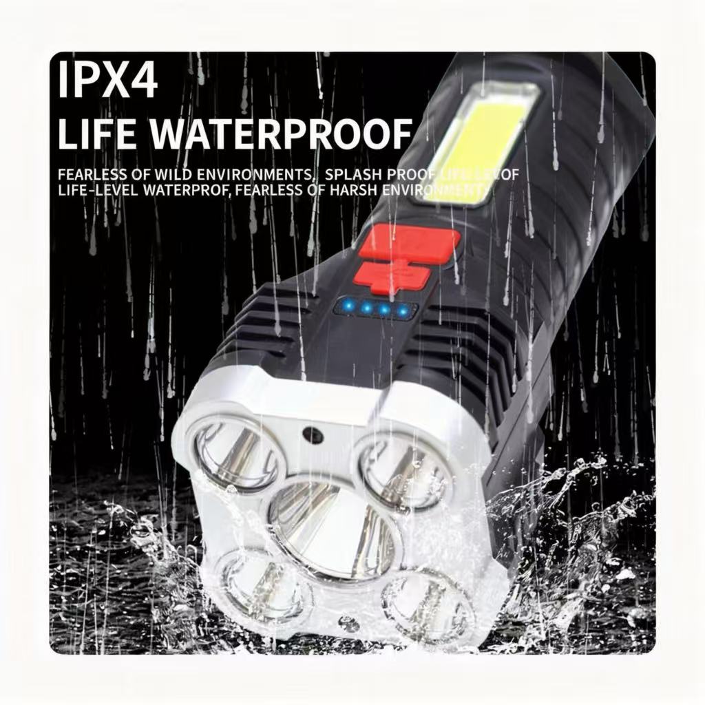 Five-core multi-functional high-intensity flashlight for outdoor, home, and work use; USB rechargeable; strobe; outdoor patrol.